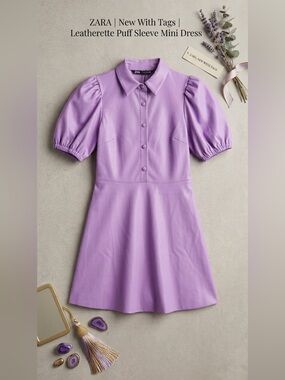 072-Zara Lavender Faux-Leather Puff Sleeve Midi Dress some stretch
